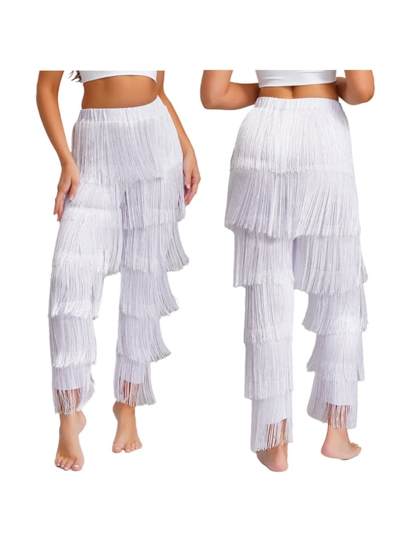 Women Contrast Color Fringe Latin Dance Pants Tango Salsa Cha Cha Elastic Waist Tassel Trousers White M