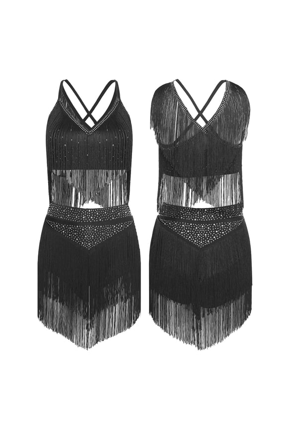 Women Fringe Latin Salsa Dance Dress Set V-Neck Crop Top with Tassels Skirt Belly Dancewear Black S