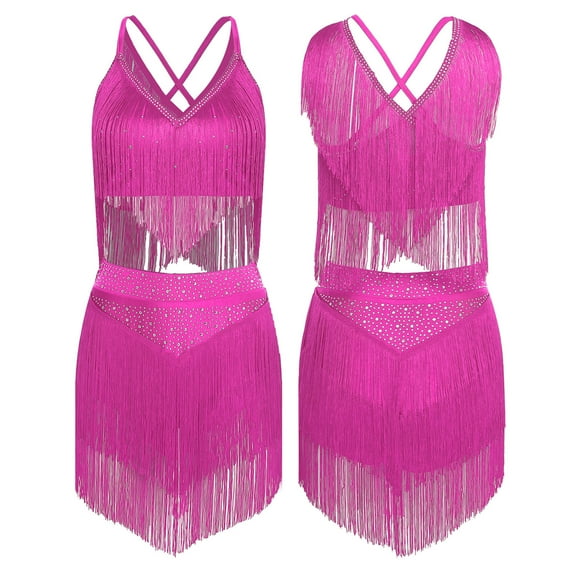 YiZYiF Women Fringe Latin Salsa Dance Dress Set V-Neck Crop Top with Tassels Skirt Belly Dancewear Hot Pink L