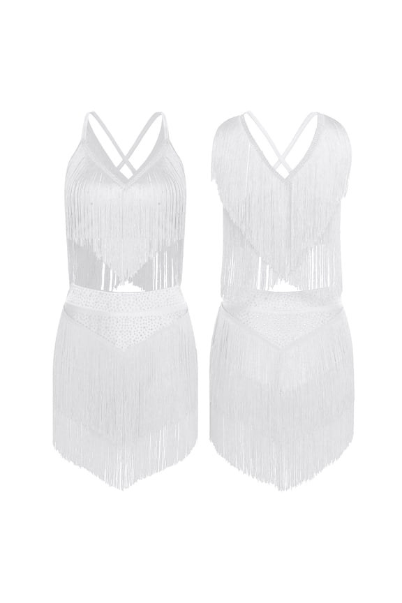 Women Fringe Latin Salsa Dance Dress Set V-Neck Crop Top with Tassels Skirt Belly Dancewear White L