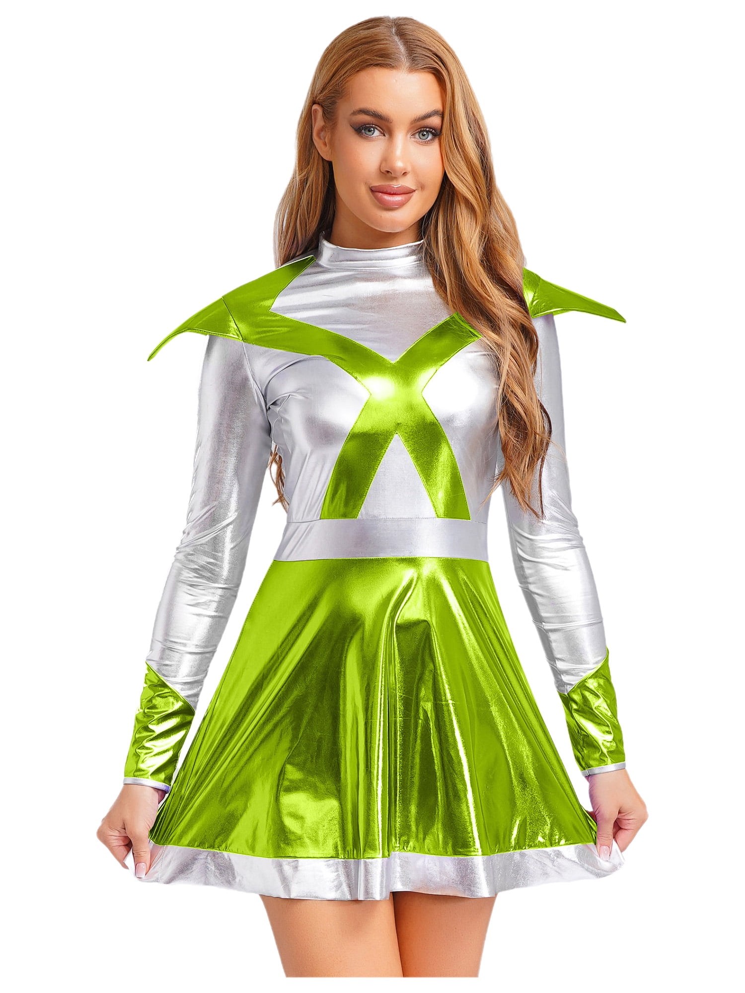 YiZYiF Women Halloween Robot Alien Cosplay Costume Shiny Metallic Tutu ...