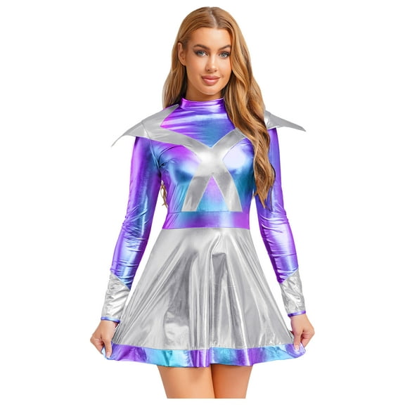 YiZYiF Women Halloween Robot Alien Cosplay Costume Shiny Metallic Tutu Dress Outerspace Cadet Outfit Silver S