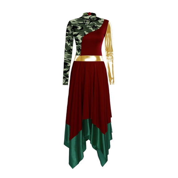 YiZYiF Women Metallic Liturgical Praise Dance Dress Long Sleeve Colorful Print Church Worship Overlays Tunics Burgundy S