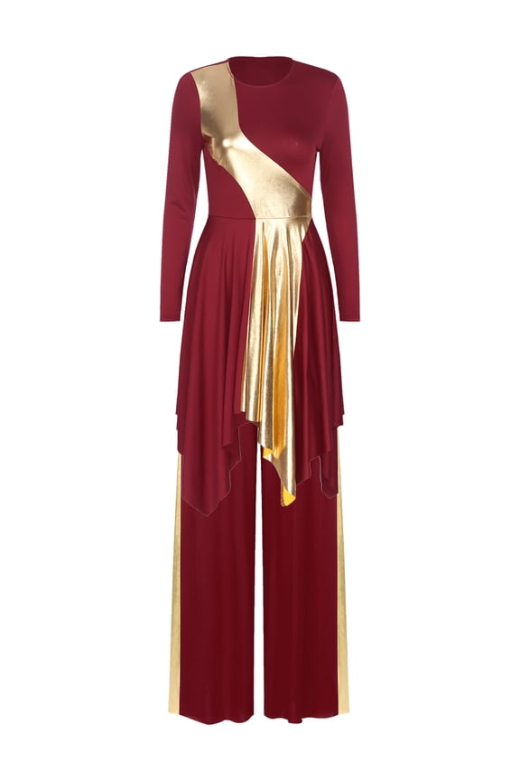 Women Metallic Praise Dance Outfits Liturgical Lyrical Dance Dress with Pants Worship Costume Burgundy L