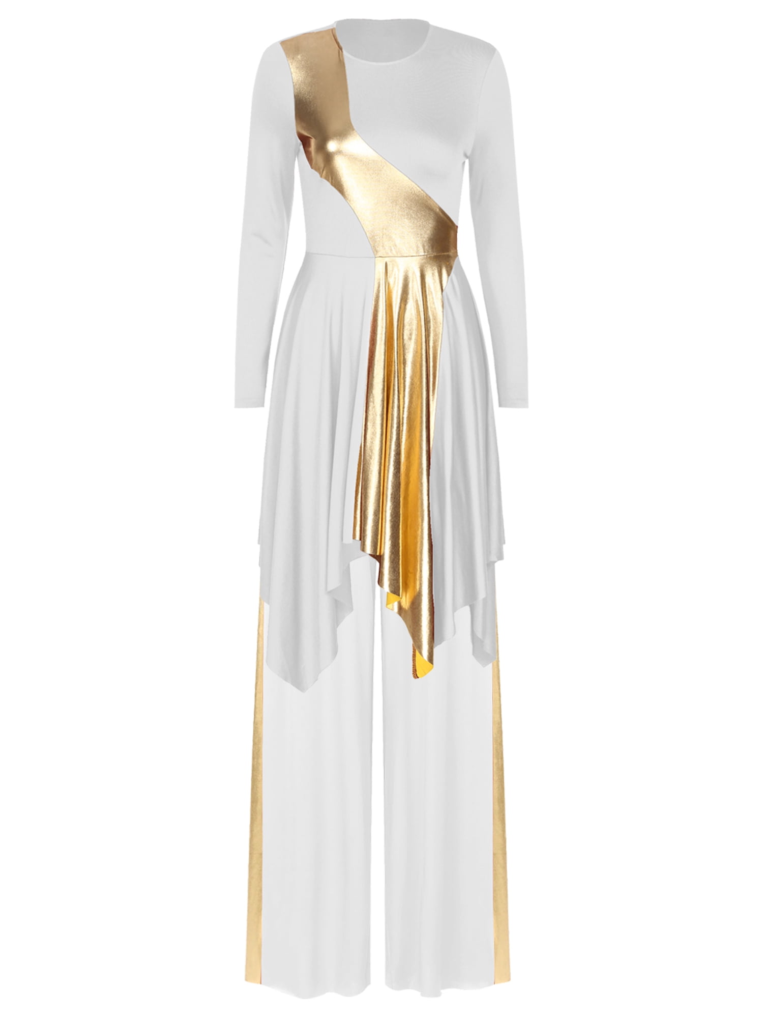 YiZYiF Women Metallic Praise Dance Outfits Liturgical Lyrical Dance Dress with Pants Worship Costume White XL