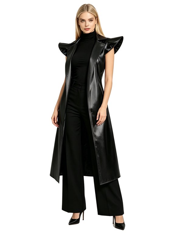 Women Open Front Cardigan Lapel Collar Shiny Pvc Trench Coat Hip Hop Futuristic Outfits Club Wear Black 4XL