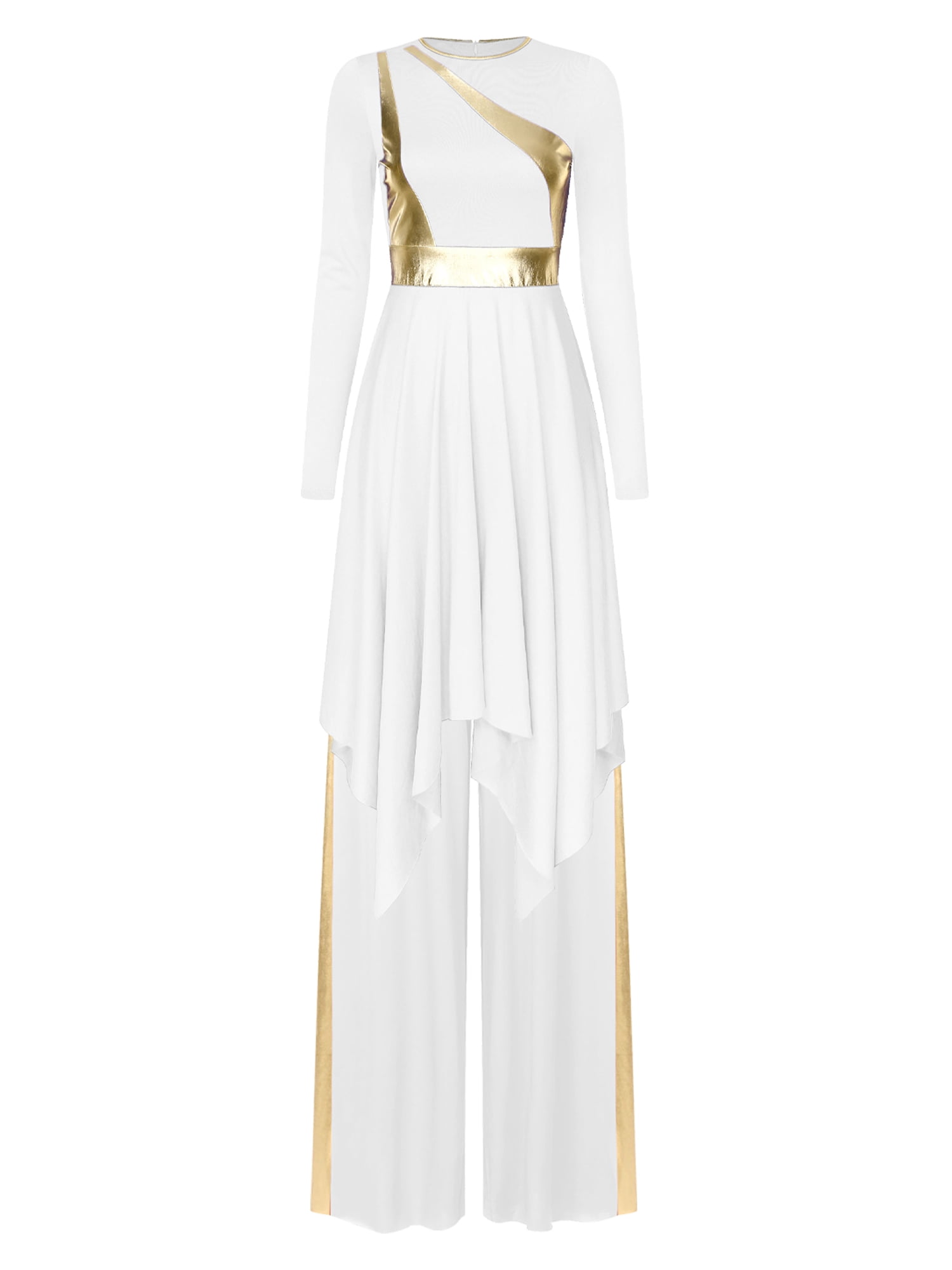 white and gold dance dresses JEATHA Praise Dress & Wide-Leg Pants Set – Metallic Patchwork Asymmetric Worship Overlay gf-146
