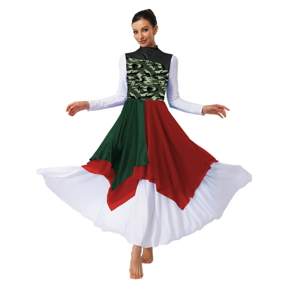 YiZYiF Women Print Sleeveless Liturgical Praise Dance Worship Tunic Chiffon Asymmetrical Dress Dark Green S