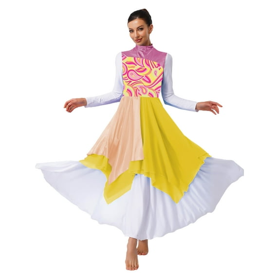 YiZYiF Women Print Sleeveless Liturgical Praise Dance Worship Tunic Chiffon Asymmetrical Dress Pink XL