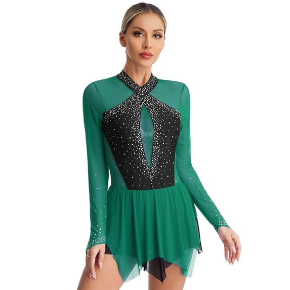YiZYiF Women Rhinestones Figure Ice Skating Dress Long Sleeve Ballet Tutu Gymnastics Leotard Costume Dark Green L