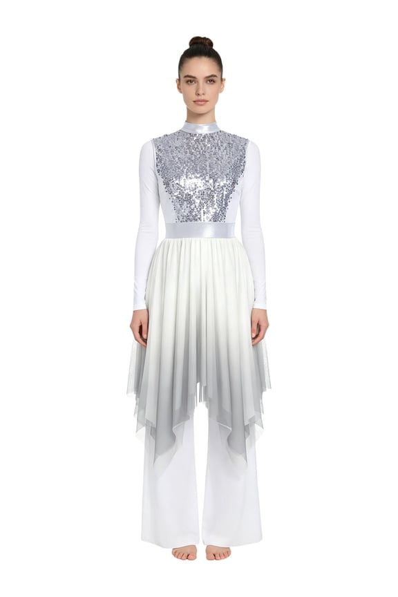 Women Sleeveless Shiny Sequin Gradient Mesh Irregular Praise Dance Dress Worship Lyrical Liturgical Dancewear Silver S
