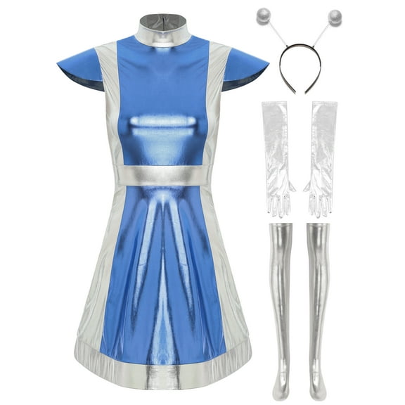 YiZYiF Women Space Alien Costume Metallic Dance Dress for Halloween Role Play Robot Astronaut Outfit Blue-A S