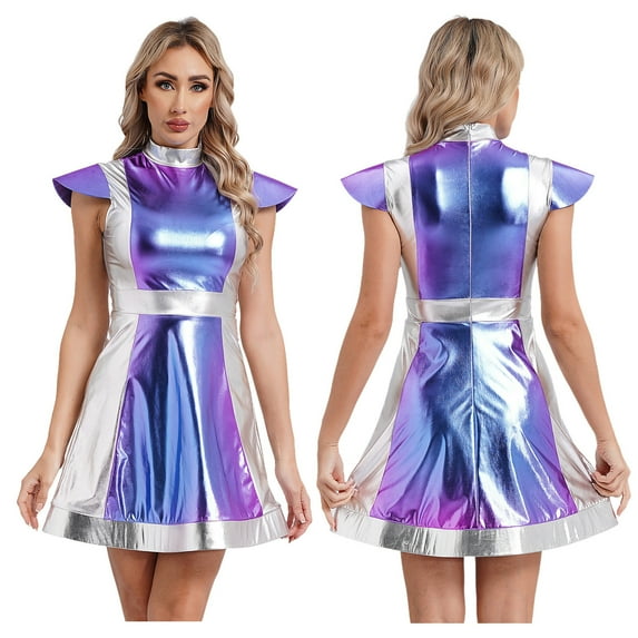 YiZYiF Women Space Alien Costume Metallic Dance Dress for Halloween Role Play Robot Astronaut Outfit Silver S