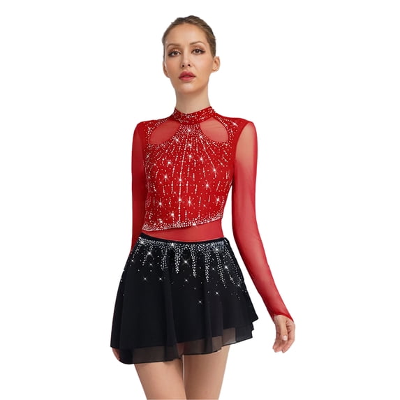 YiZYiF Women Sparkly Rhinestone Long Sleeve Figure Skating Dress Irregular Hem Skirt Lyrical Ballet Dance Wear Burgundy S