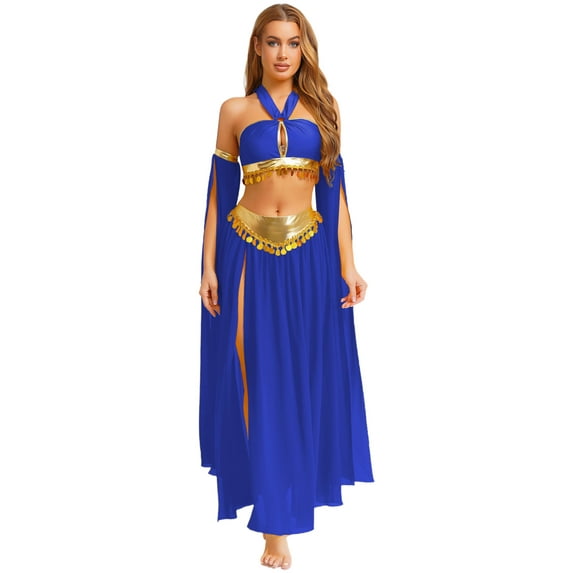YiZYiF Women's Belly Dance Outfit Halloween Arabian Greek Princess Costume Chiffon Skirt 4Pcs Sets Blue L