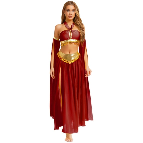 YiZYiF Women's Belly Dance Outfit Halloween Arabian Greek Princess Costume Chiffon Skirt 4Pcs Sets Burgundy XXL