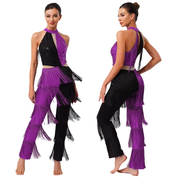 YiZYiF Women's 70s Disco Costumes Swing Tassel Sequins Halter Sleeveless Jazz Latin Dance Jumpsuit Purple M