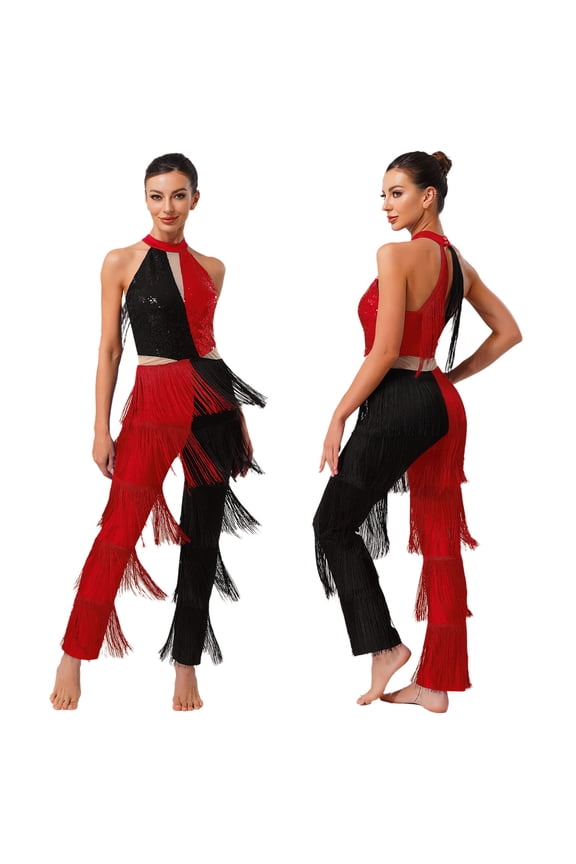 Women's 70s Disco Costumes Swing Tassel Sequins Halter Sleeveless Jazz Latin Dance Jumpsuit Red S