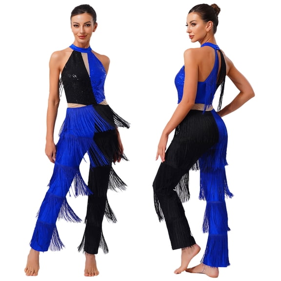 YiZYiF Women's 70s Disco Costumes Swing Tassel Sequins Halter Sleeveless Jazz Latin Dance Jumpsuit Royal Blue XL