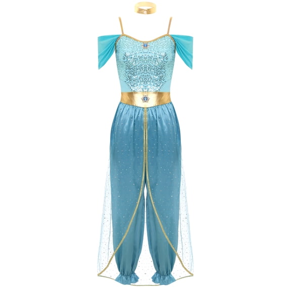 YiZYiF Women's Arabian Princess Dance Costume Halloween Party Fancy Dress Shiny Belly Dance Jumpsuit Blue A M