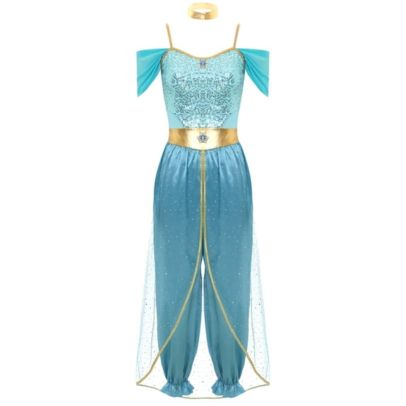 YiZYiF Women's Arabian Princess Dance Costume Halloween Party Fancy Dress Shiny Belly Dance Jumpsuit Blue A S