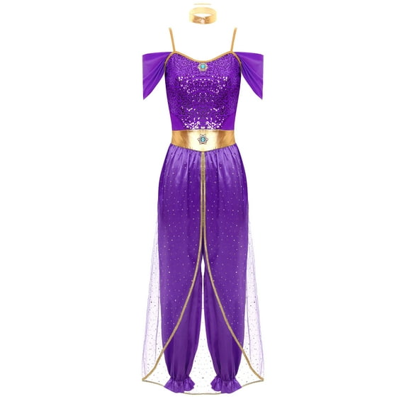 YiZYiF Women's Arabian Princess Dance Costume Halloween Party Fancy Dress Shiny Belly Dance Jumpsuit Purple A M