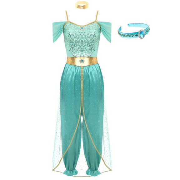 YiZYiF Women's Arabian Princess Dance Costume Halloween Party Fancy Dress Shiny Belly Dance Jumpsuit Turquoise B S