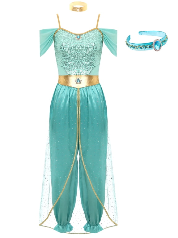Women's Arabian Princess Dance Costume Halloween Party Fancy Dress Shiny Belly Dance Jumpsuit Turquoise B S