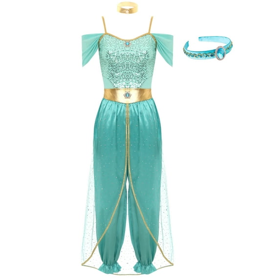 YiZYiF Women's Arabian Princess Dance Costume Halloween Party Fancy Dress Shiny Belly Dance Jumpsuit Turquoise B XXL