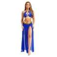 thumbnail image 1 of YiZYiF Women's Belly Dance Costume Halter Crop Top with Sequin Tassel Split Mesh Long Skirt 2Pcs Set Blue A L, 1 of 7
