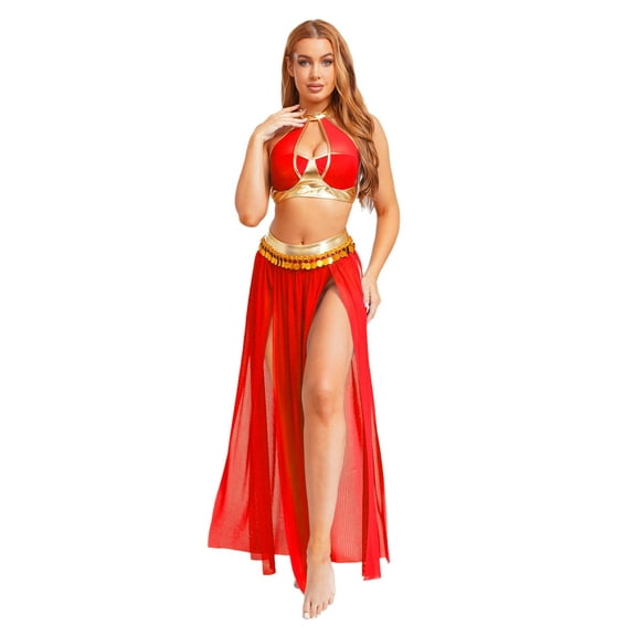 YiZYiF Women's Belly Dance Costume Halter Crop Top with Sequin Tassel Split Mesh Long Skirt 2Pcs Set Red A M