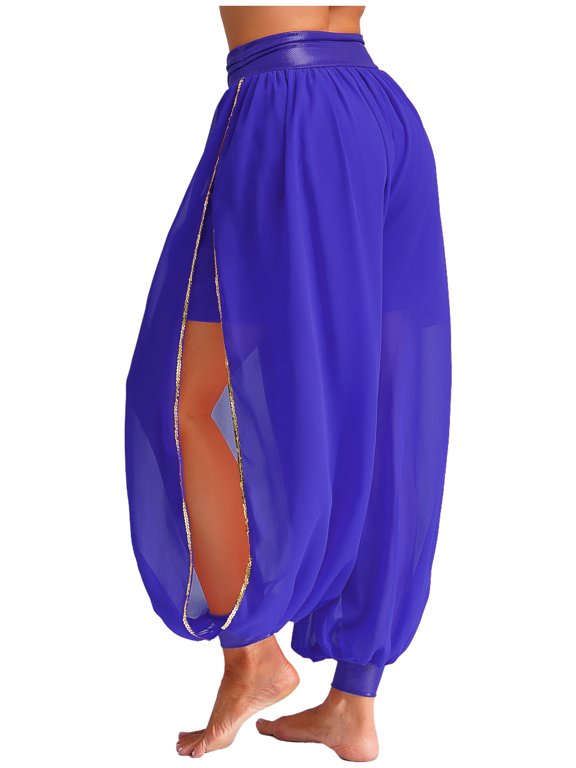 Women's Belly Dance Harem Pants Side Slits Sequins Bloomers Halloween Fancy Pants Blue One Size