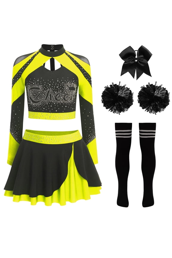 Women's Cheerleading Uniform Set Long Sleeve Dance Crop Top with Rhinestones Skating Skirt Fluorescent Yellow B M