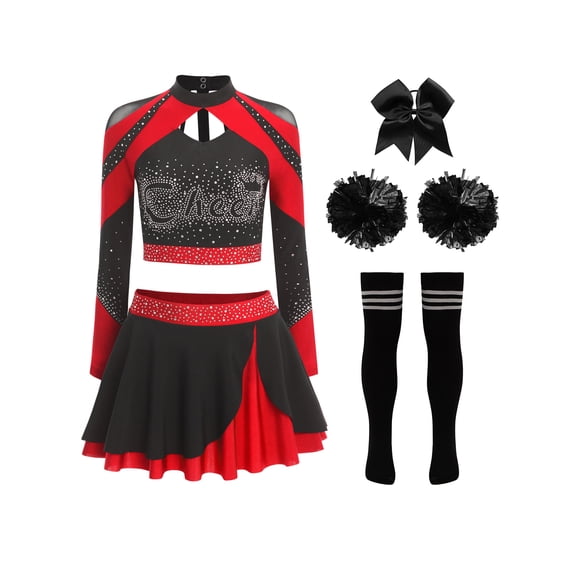 YiZYiF Women's Cheerleading Uniform Set Long Sleeve Dance Crop Top with Rhinestones Skating Skirt Red B M