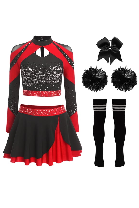 Women's Cheerleading Uniform Set Long Sleeve Dance Crop Top with Rhinestones Skating Skirt Red B M