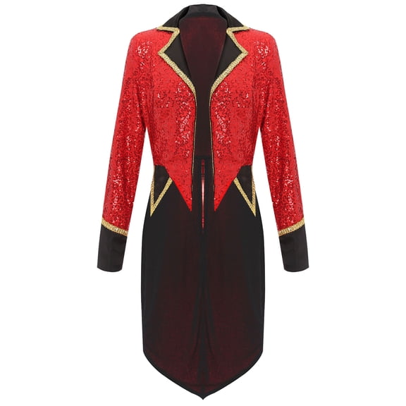 YiZYiF Women's Circus Ringmaster Costume Sequin Long Sleeve Showman Jacket Coat Classic Tailcoat Red 3XL