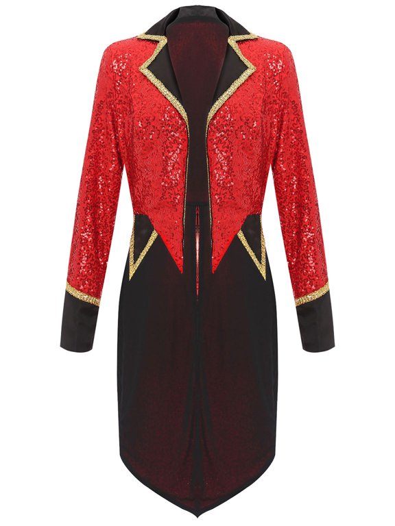 Women's Circus Ringmaster Costume Sequin Long Sleeve Showman Jacket Coat Classic Tailcoat Red S