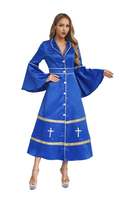Women's Church Robe Flared Sleeve Minister Pastor Clergy Dress Robe Liturgical Vestments Royal Blue S