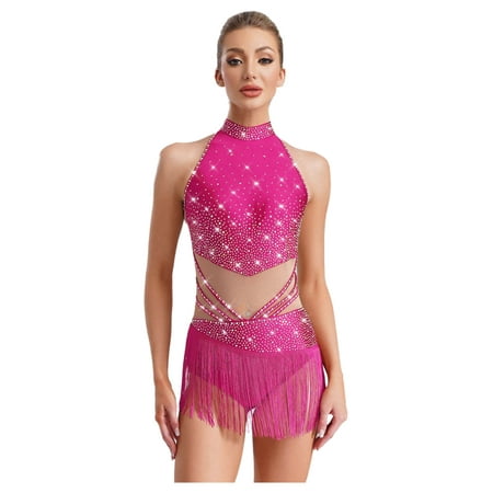 YiZYiF Women's Glittery Tassels Dance Leotard for Latin Salsa Rumba Performance Gymnastics Bodysuit Hot Pink XS