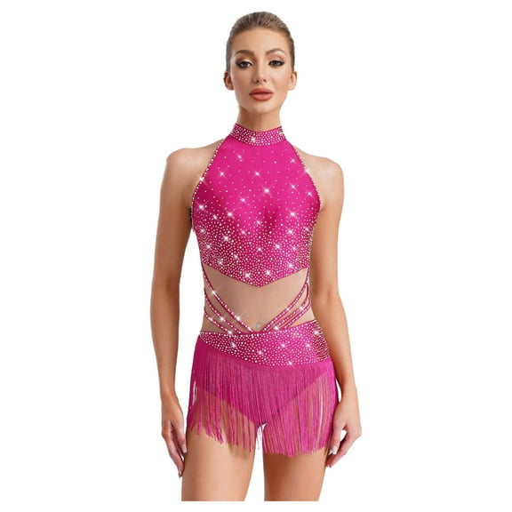 YiZYiF Women's Glittery Tassels Dance Leotard for Latin Salsa Rumba Performance Gymnastics Bodysuit Hot Pink XS