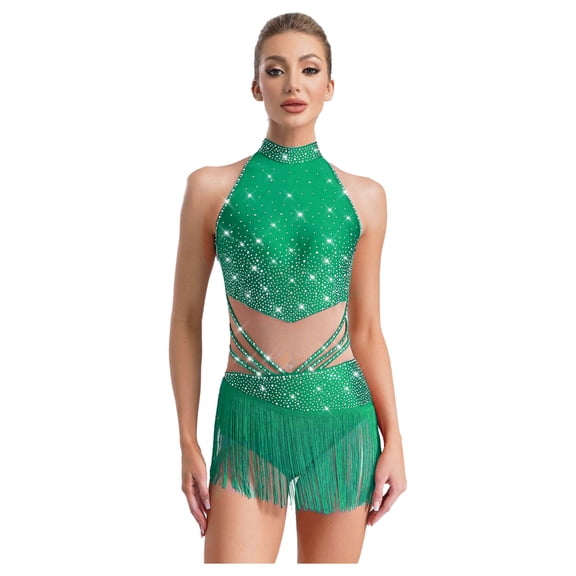YiZYiF Women's Glittery Tassels Dance Leotard for Latin Salsa Rumba Performance Gymnastics Bodysuit Green L