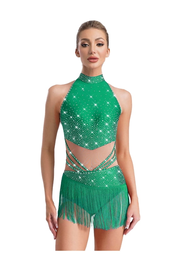 Women's Glittery Tassels Dance Leotard for Latin Salsa Rumba Performance Gymnastics Bodysuit Green XXL