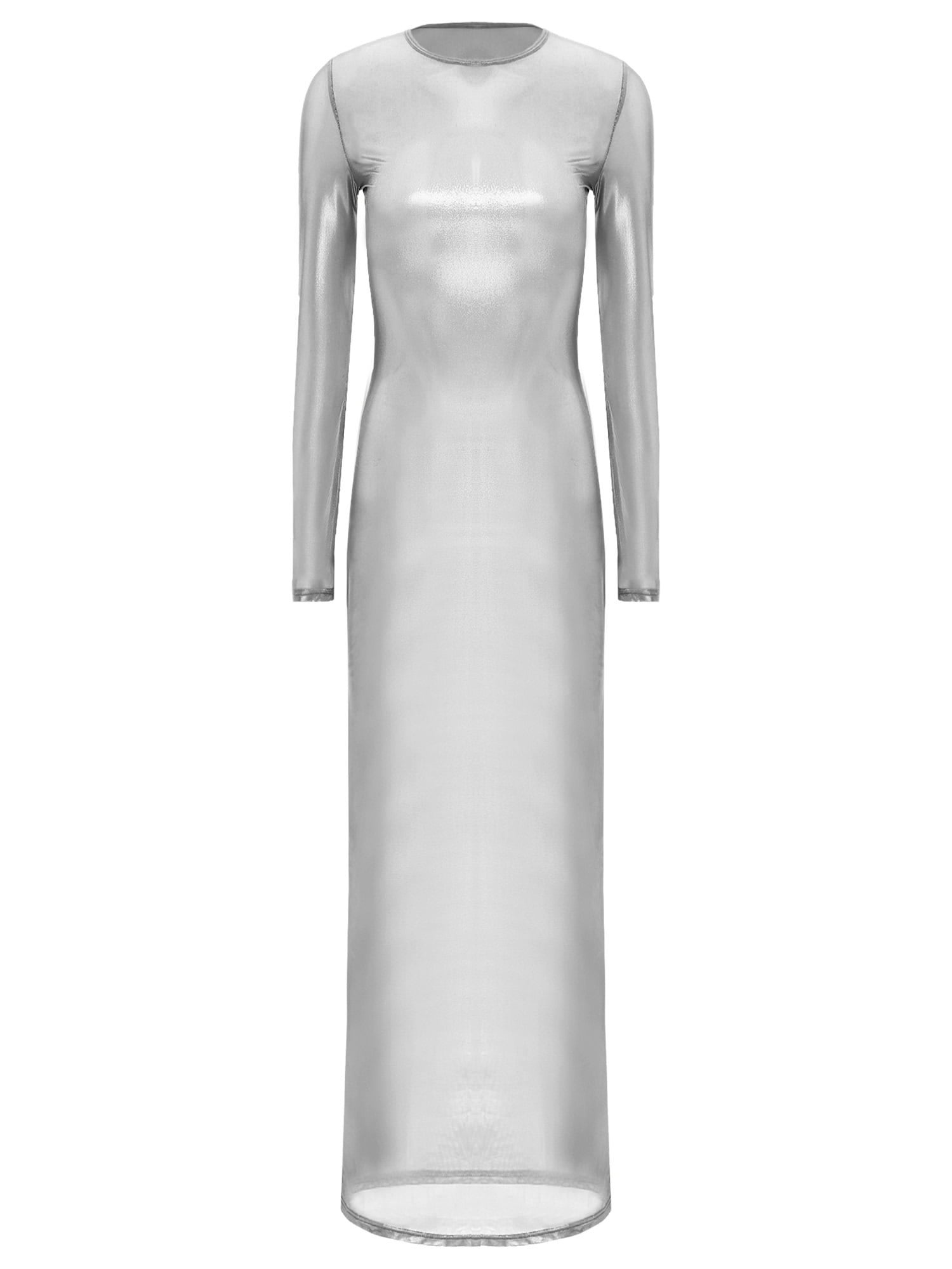 metallic bodycon dress long sleeve Metallic Silver Maxi Dress: Long Sleeve Bodycon Cocktail Dress