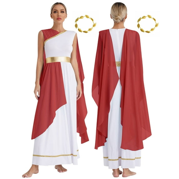 YiZYiF Women's Greek God Athena Costume Halloween Party Toga Dress with Gold Leaves Garland Headwear Burgundy M