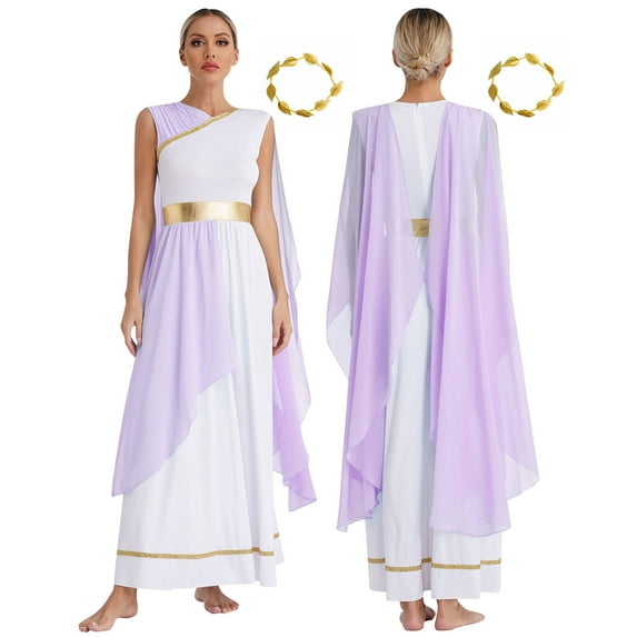YiZYiF Women's Greek God Athena Costume Halloween Party Toga Dress with Gold Leaves Garland Headwear Lavender M