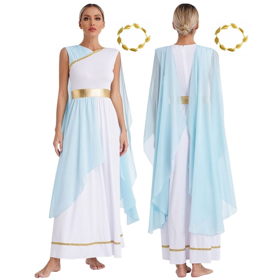 YiZYiF Women's Greek God Athena Costume Halloween Party Toga Dress with Gold Leaves Garland Headwear Light Blue M
