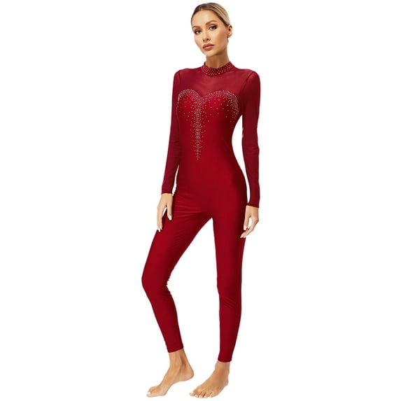YiZYiF Women's Gymnastics Leotard Unitard Rhinestone Long Sleeve Full Body Jumpsuit for Dance Skating Fitness Burgundy XL