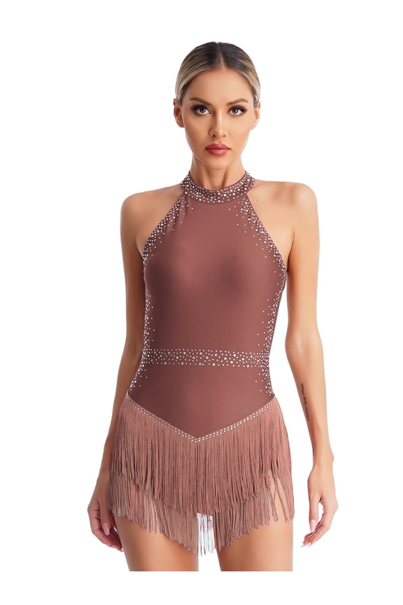 Women's Latin Dance Leotards Rhinestone Tassel Salsa Cha-cha Rumba Ballroom Dance Costume Dusty Pink M