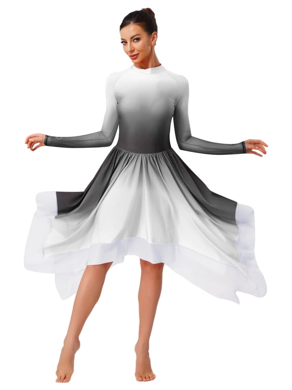 Women's Liturgical Praise Dance Dress Gradient Color Long Sleeve Tunic Lyrical Dancewear Black S