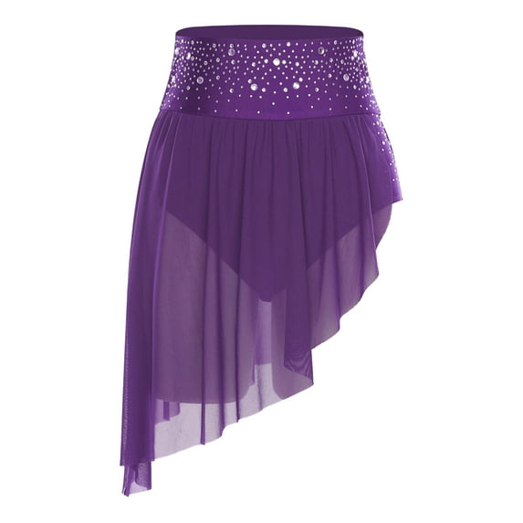 YiZYiF Women's Lyrical Dance Costume Glittery Ballet Dance Top and Irregular Mesh Skirted Briefs Set Purple-B skirts S